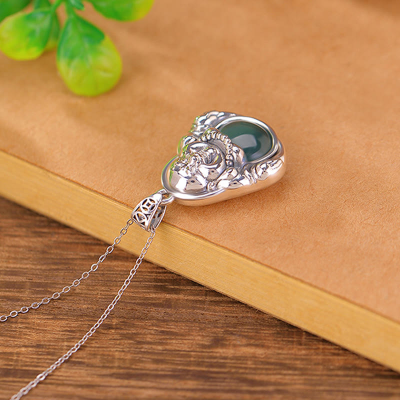 Wear FengShui 999 Sterling Silver Laughing Buddha Cyan Jade Lotus Success Necklace Chain Pendant