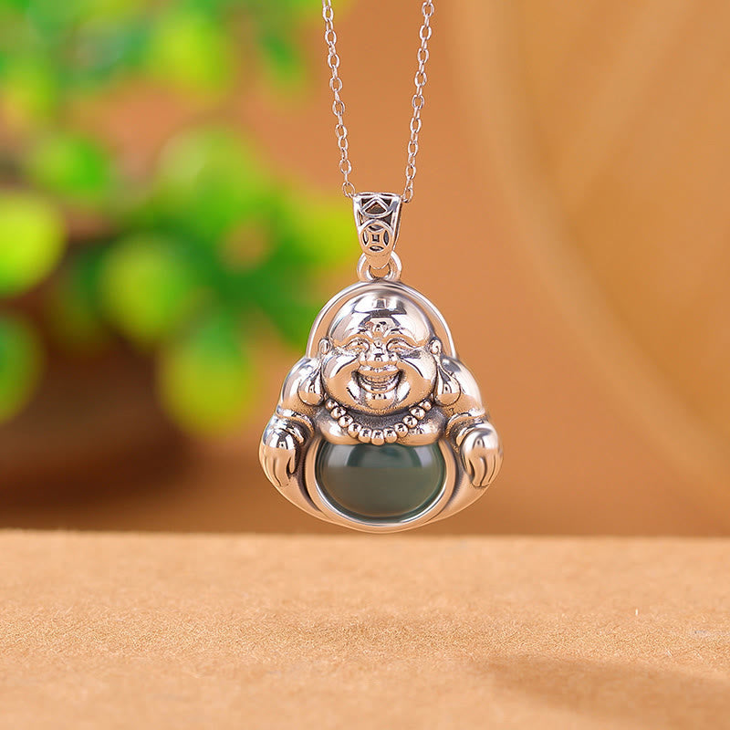 Wear FengShui 999 Sterling Silver Laughing Buddha Cyan Jade Lotus Success Necklace Chain Pendant