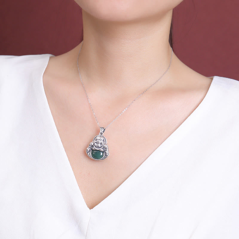 Wear FengShui 999 Sterling Silver Laughing Buddha Cyan Jade Lotus Success Necklace Chain Pendant