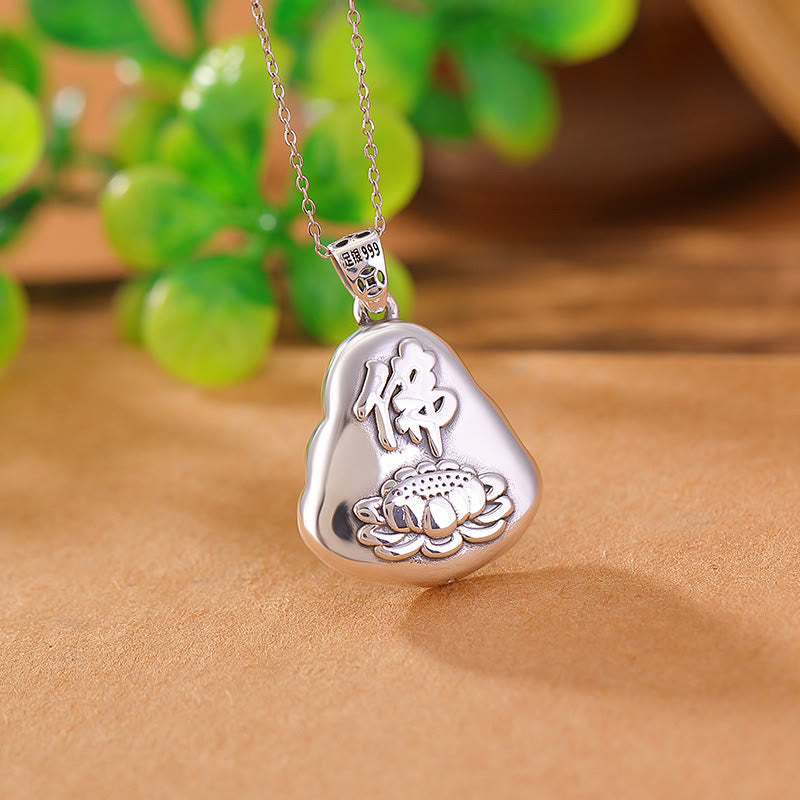 Wear FengShui 999 Sterling Silver Laughing Buddha Cyan Jade Lotus Success Necklace Chain Pendant