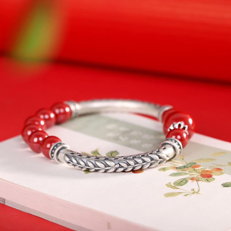 Wear FengShui 999 Sterling Silver Cinnabar Wheat Ears Blessing Bracelet Bangle