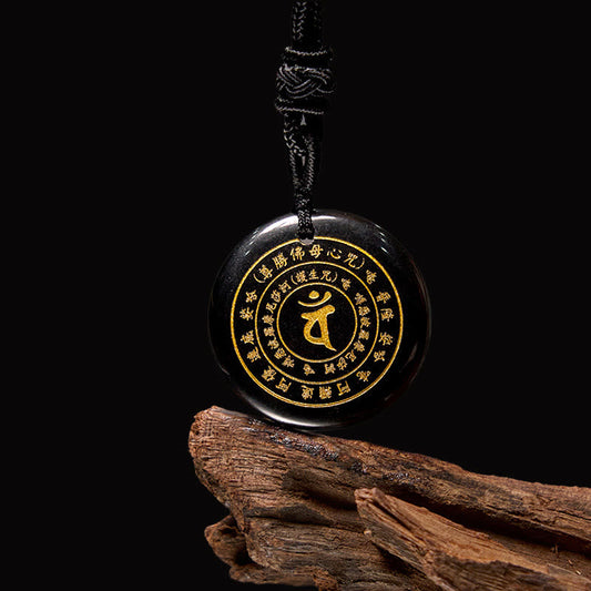 Wear FengShui Vairocana Tathagata Sanskrit Mantra Various Crystal Black Obsidian Green Aventurine Strength Necklace Pendant