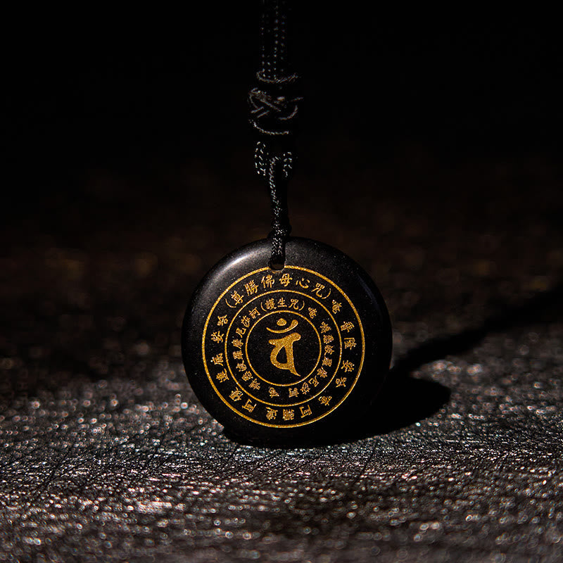 Wear FengShui Vairocana Tathagata Sanskrit Mantra Various Crystal Black Obsidian Green Aventurine Strength Necklace Pendant