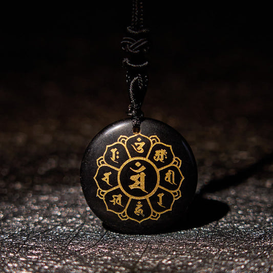 Wear FengShui Om Mani Padme Hum Natural Various Crystal Black Obsidian Strength Necklace Pendant
