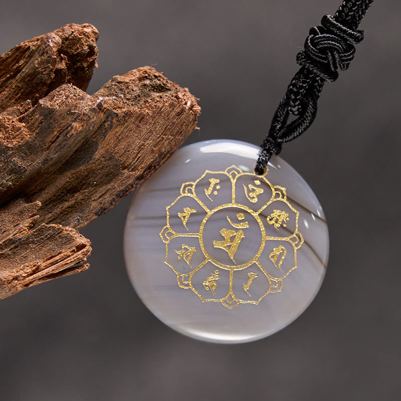 Wear FengShui Om Mani Padme Hum Natural Various Crystal Black Obsidian Strength Necklace Pendant
