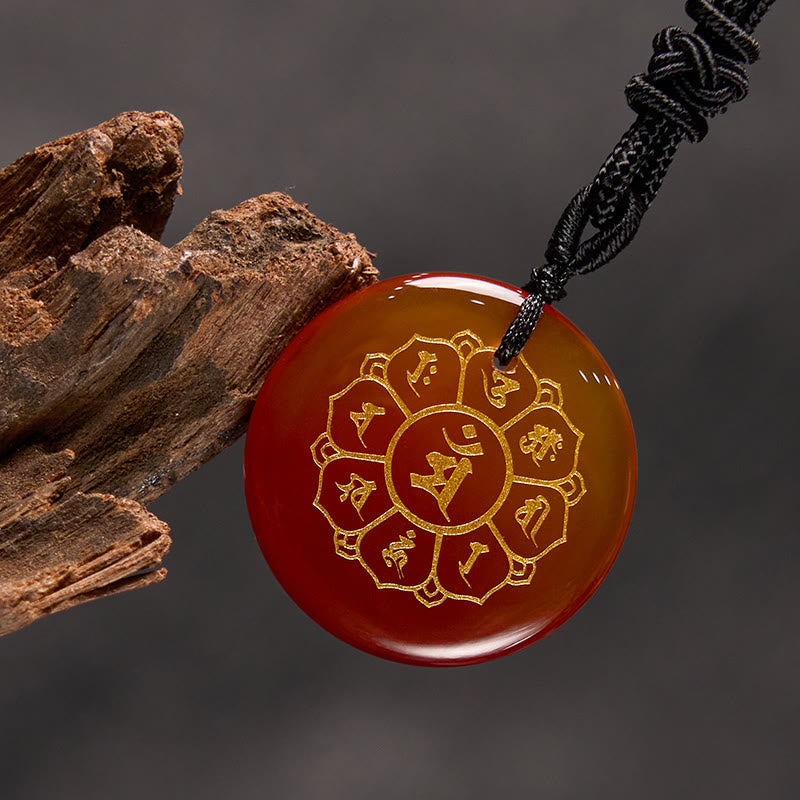 Wear FengShui Om Mani Padme Hum Natural Various Crystal Black Obsidian Strength Necklace Pendant