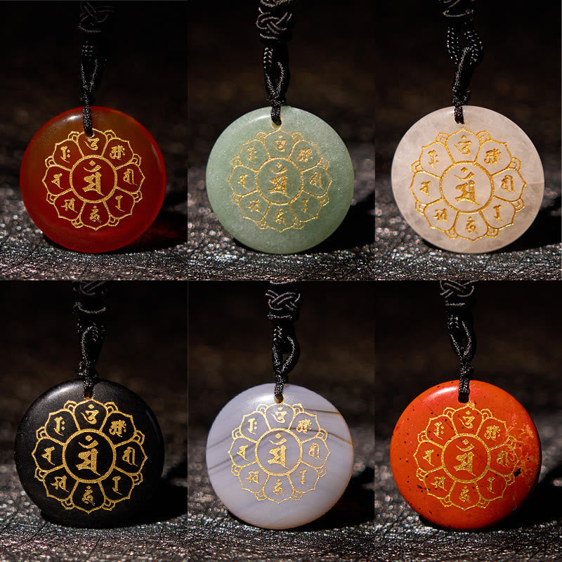 Wear FengShui Om Mani Padme Hum Natural Various Crystal Black Obsidian Strength Necklace Pendant