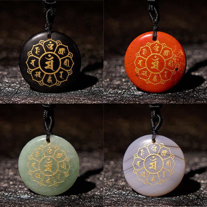 Wear FengShui Om Mani Padme Hum Natural Various Crystal Black Obsidian Strength Necklace Pendant