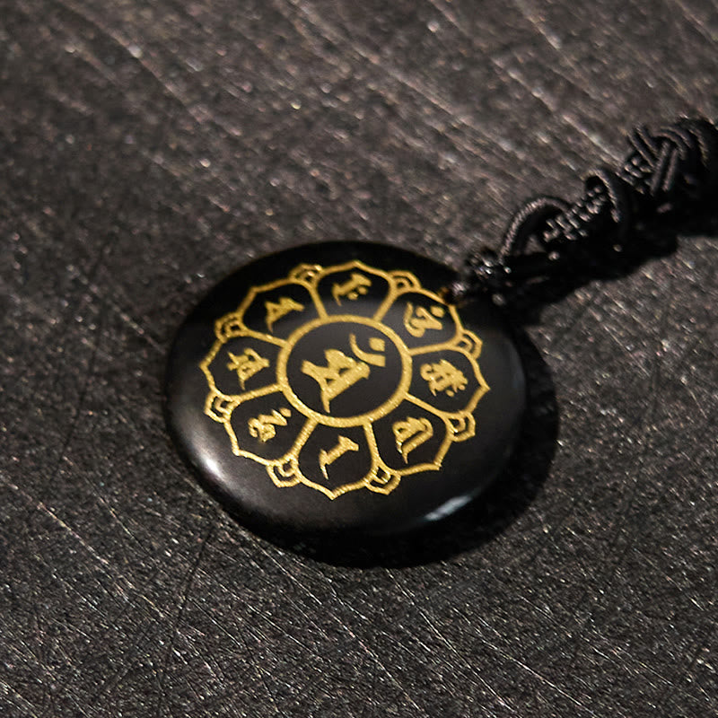 Wear FengShui Om Mani Padme Hum Natural Various Crystal Black Obsidian Strength Necklace Pendant