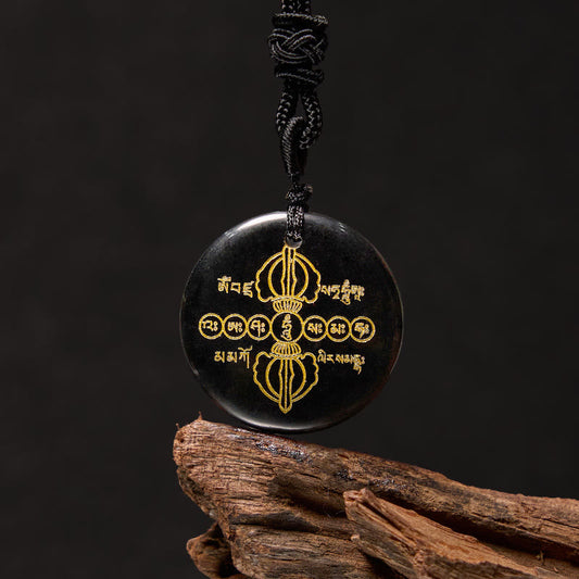 Wear FengShui Vajra Dorje Sanskrit Pattern Natural Various Crystal Black Obsidian Fulfilment Necklace Pendant