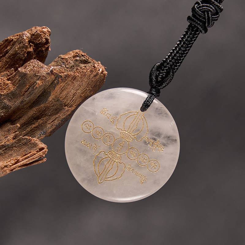 Wear FengShui Vajra Dorje Sanskrit Pattern Natural Various Crystal Black Obsidian Fulfilment Necklace Pendant