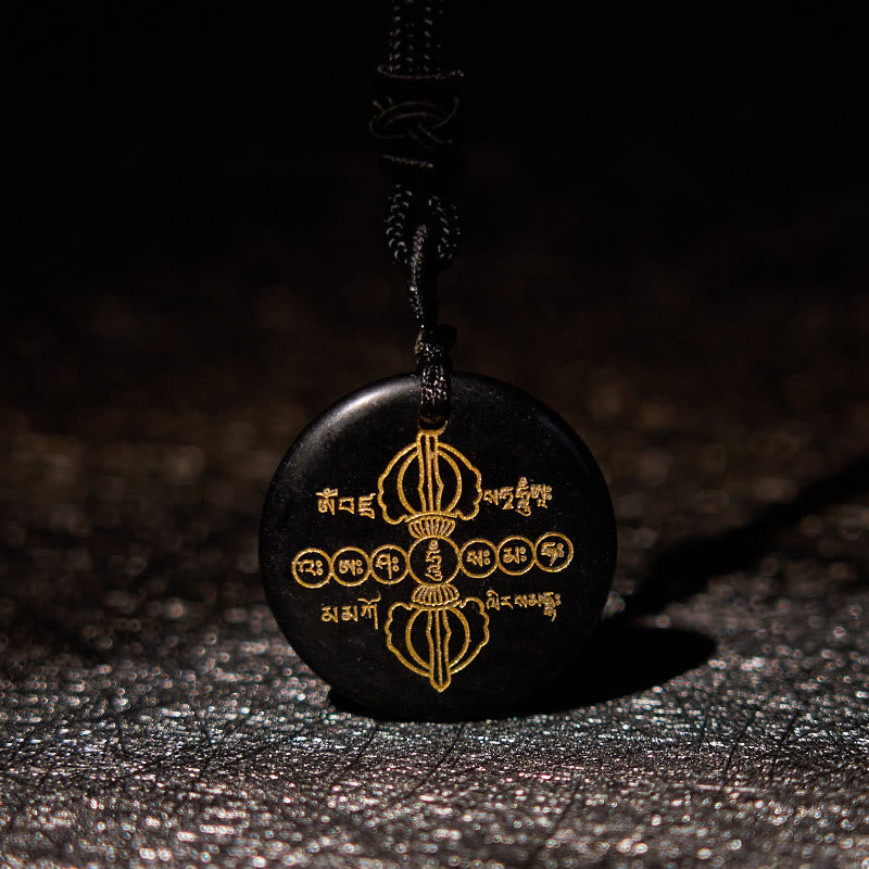 Wear FengShui Vajra Dorje Sanskrit Pattern Natural Various Crystal Black Obsidian Fulfilment Necklace Pendant