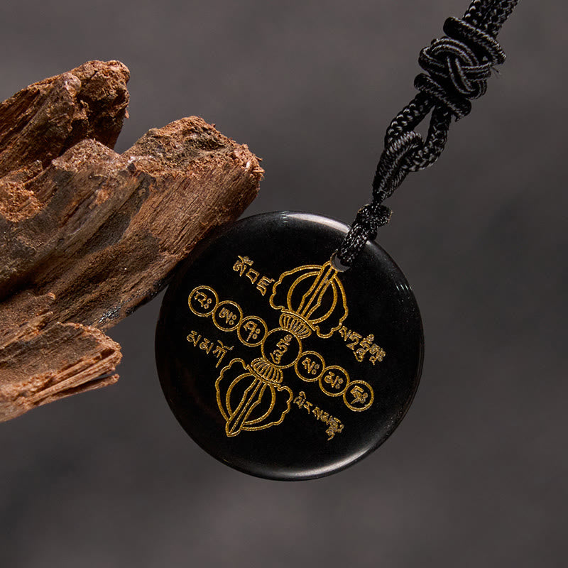 Wear FengShui Vajra Dorje Sanskrit Pattern Natural Various Crystal Black Obsidian Fulfilment Necklace Pendant