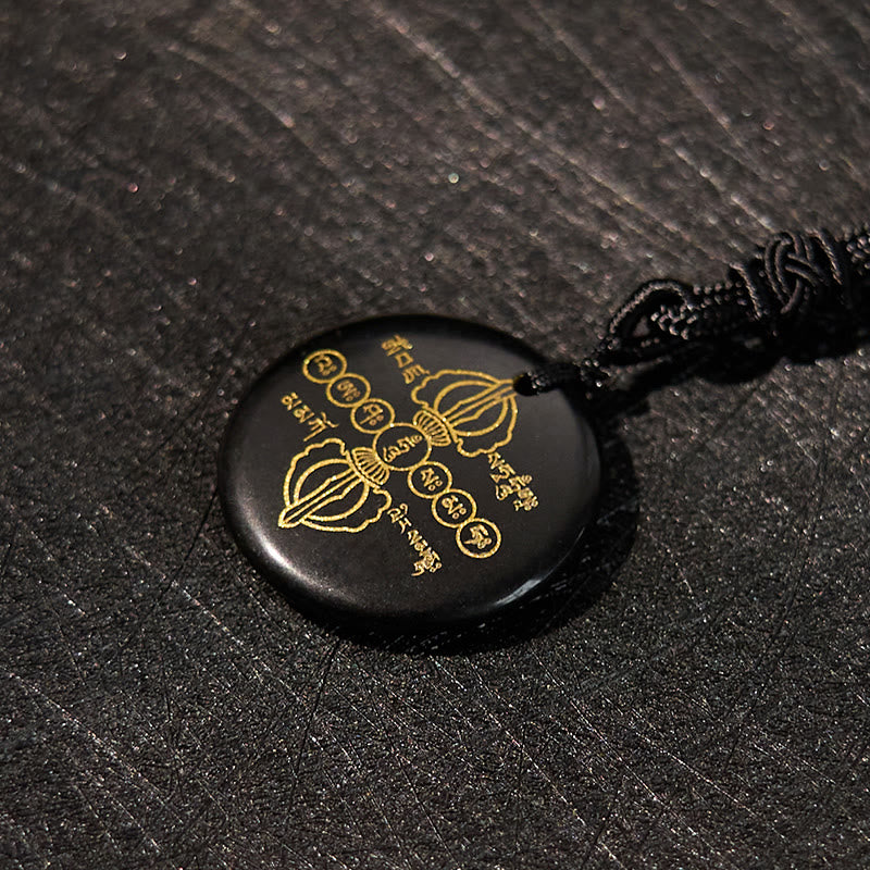 Wear FengShui Vajra Dorje Sanskrit Pattern Natural Various Crystal Black Obsidian Fulfilment Necklace Pendant