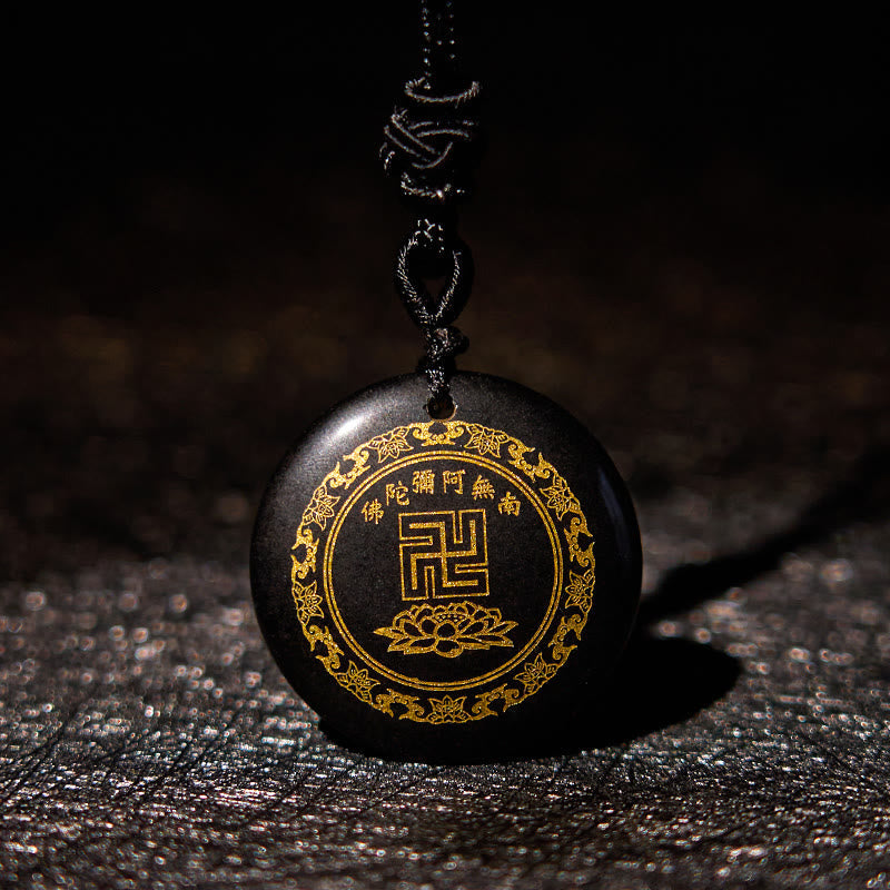 Wear FengShui Swastika Lotus Pattern Natural Various Crystal Black Obsidian Purification Necklace Pendant