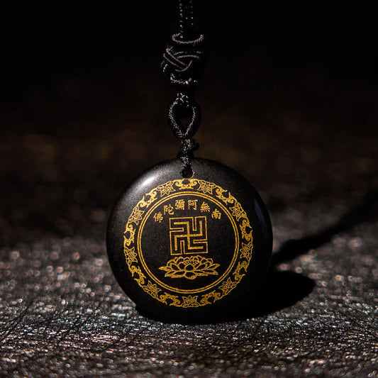 Wear FengShui Swastika Lotus Pattern Natural Various Crystal Black Obsidian Purification Necklace Pendant