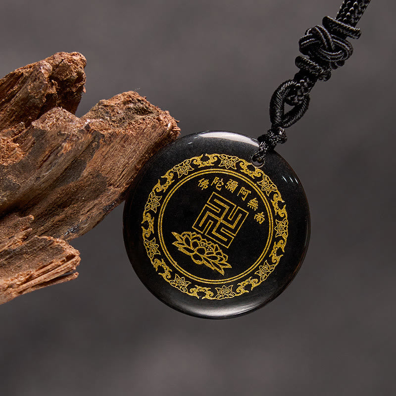 Wear FengShui Swastika Lotus Pattern Natural Various Crystal Black Obsidian Purification Necklace Pendant