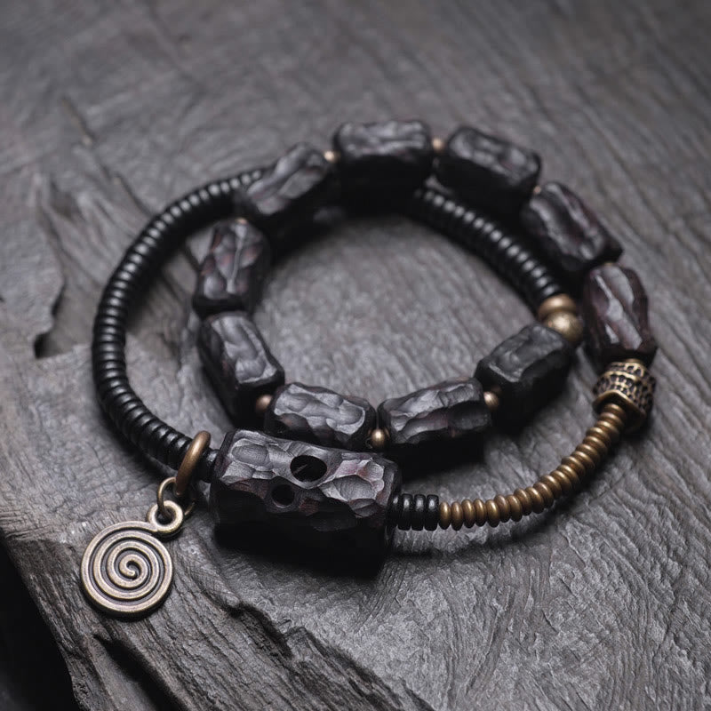 Wear FengShui Ebony Wood Copper Brass Red Agate Peace Double Wrap Bracelet