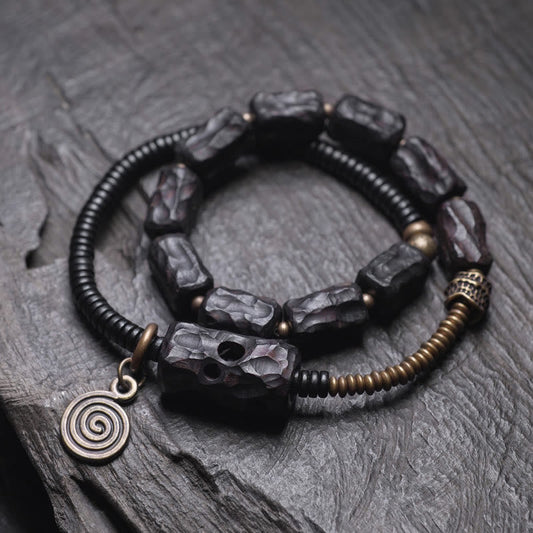 Wear FengShui Ebony Wood Copper Brass Red Agate Peace Double Wrap Bracelet