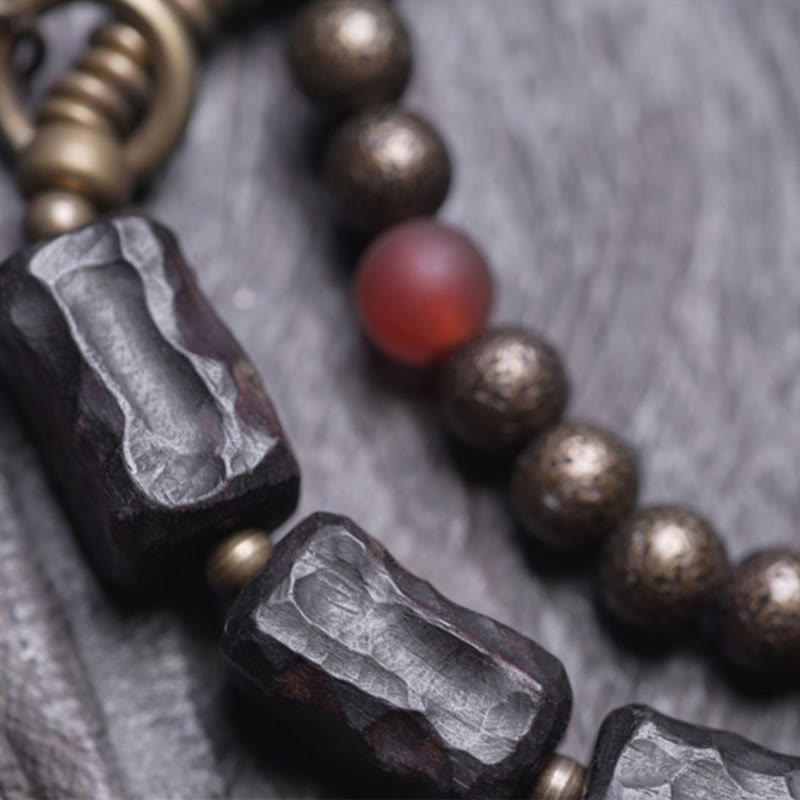 Wear FengShui Ebony Wood Copper Brass Red Agate Peace Double Wrap Bracelet