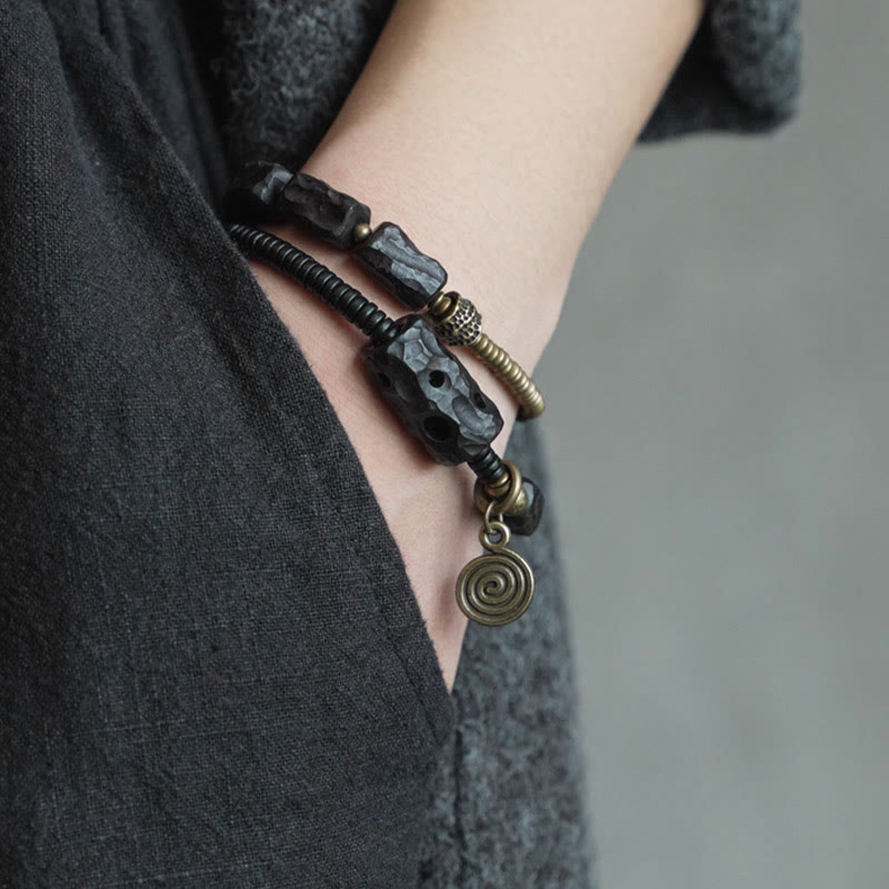 Wear FengShui Ebony Wood Copper Brass Red Agate Peace Double Wrap Bracelet