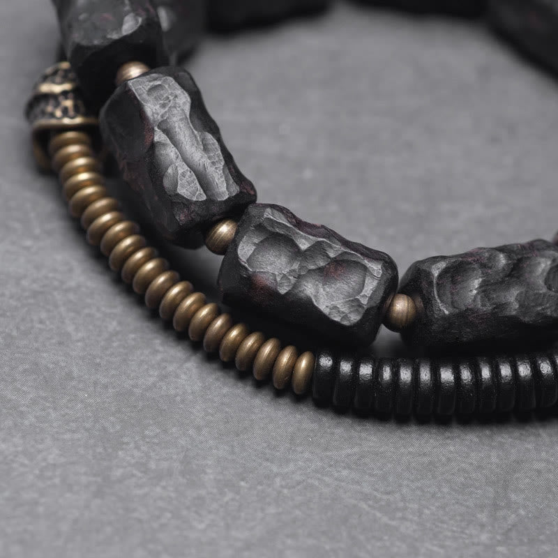 Wear FengShui Ebony Wood Copper Brass Red Agate Peace Double Wrap Bracelet