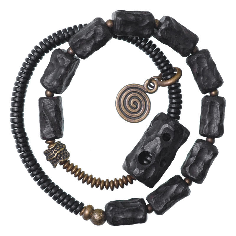 Wear FengShui Ebony Wood Copper Brass Red Agate Peace Double Wrap Bracelet