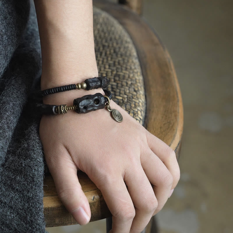 Wear FengShui Ebony Wood Copper Brass Red Agate Peace Double Wrap Bracelet