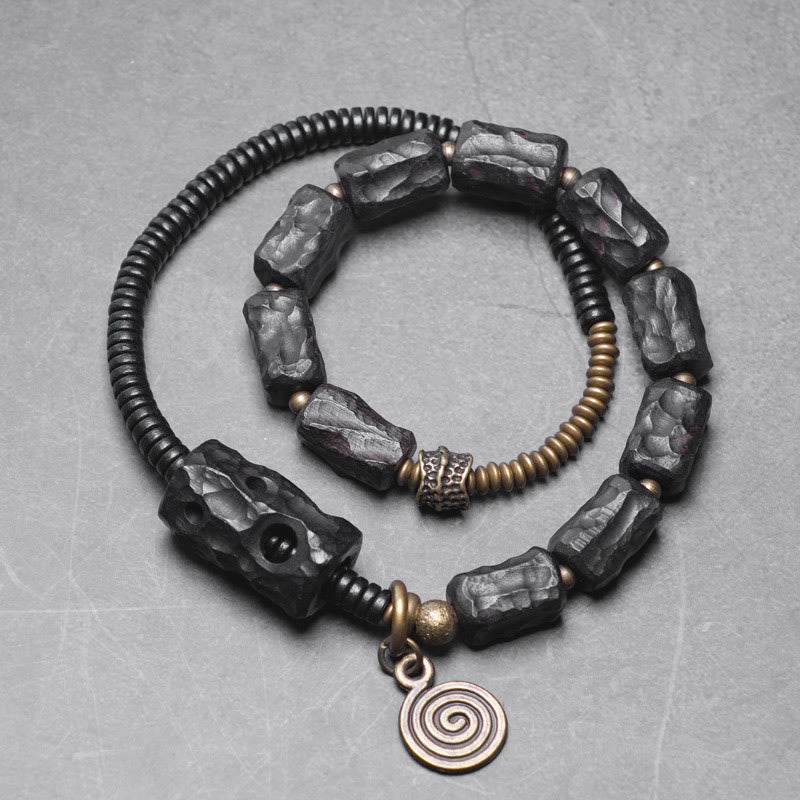 Wear FengShui Ebony Wood Copper Brass Red Agate Peace Double Wrap Bracelet
