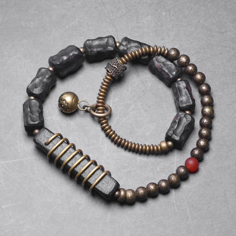 Wear FengShui Ebony Wood Copper Brass Red Agate Peace Double Wrap Bracelet