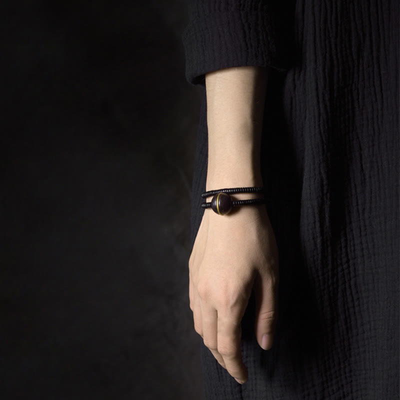 Wear FengShui Ebony Wood Copper Brass Balance Ball Cuboid Double Wrap Bracelet Necklace