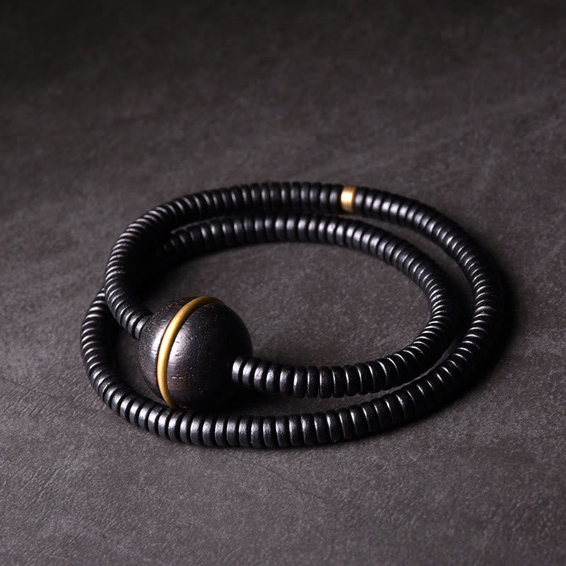 Wear FengShui Ebony Wood Copper Brass Balance Ball Cuboid Double Wrap Bracelet Necklace