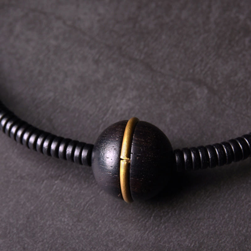 Wear FengShui Ebony Wood Copper Brass Balance Ball Cuboid Double Wrap Bracelet Necklace