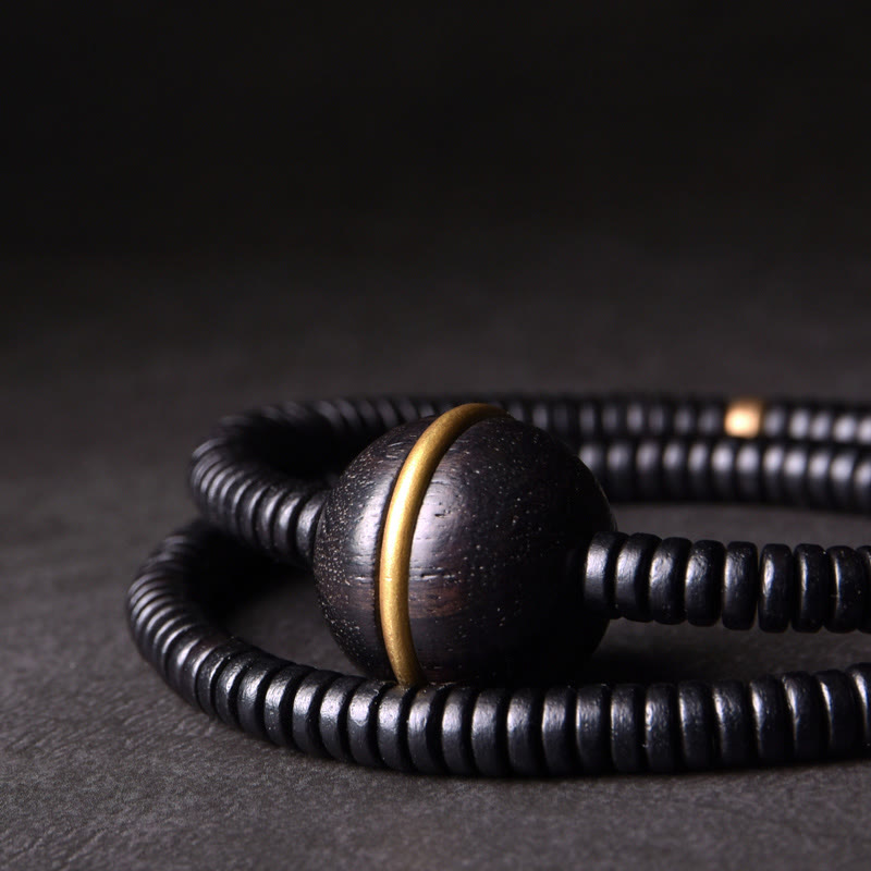 Wear FengShui Ebony Wood Copper Brass Balance Ball Cuboid Double Wrap Bracelet Necklace