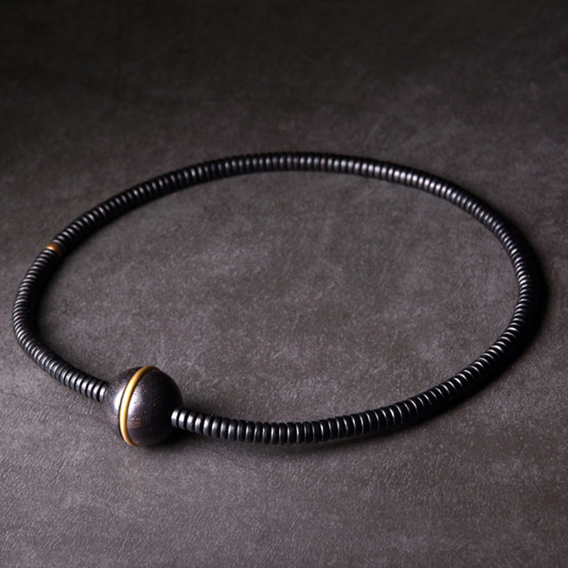 Wear FengShui Ebony Wood Copper Brass Balance Ball Cuboid Double Wrap Bracelet Necklace
