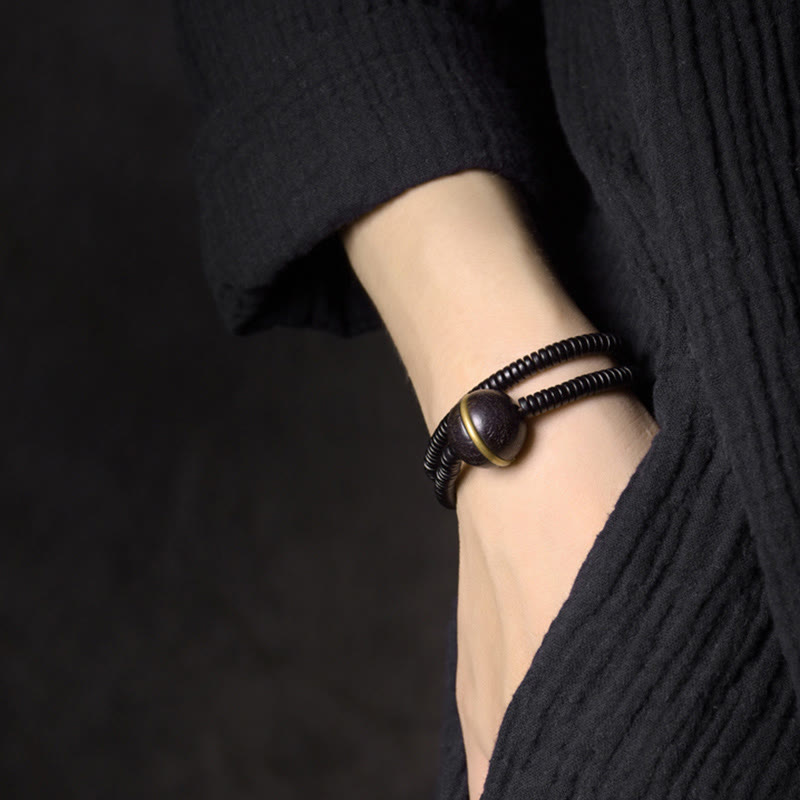 Wear FengShui Ebony Wood Copper Brass Balance Ball Cuboid Double Wrap Bracelet Necklace