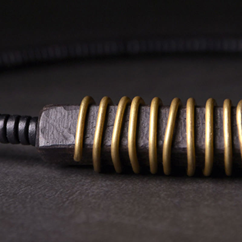 Wear FengShui Ebony Wood Copper Brass Balance Ball Cuboid Double Wrap Bracelet Necklace