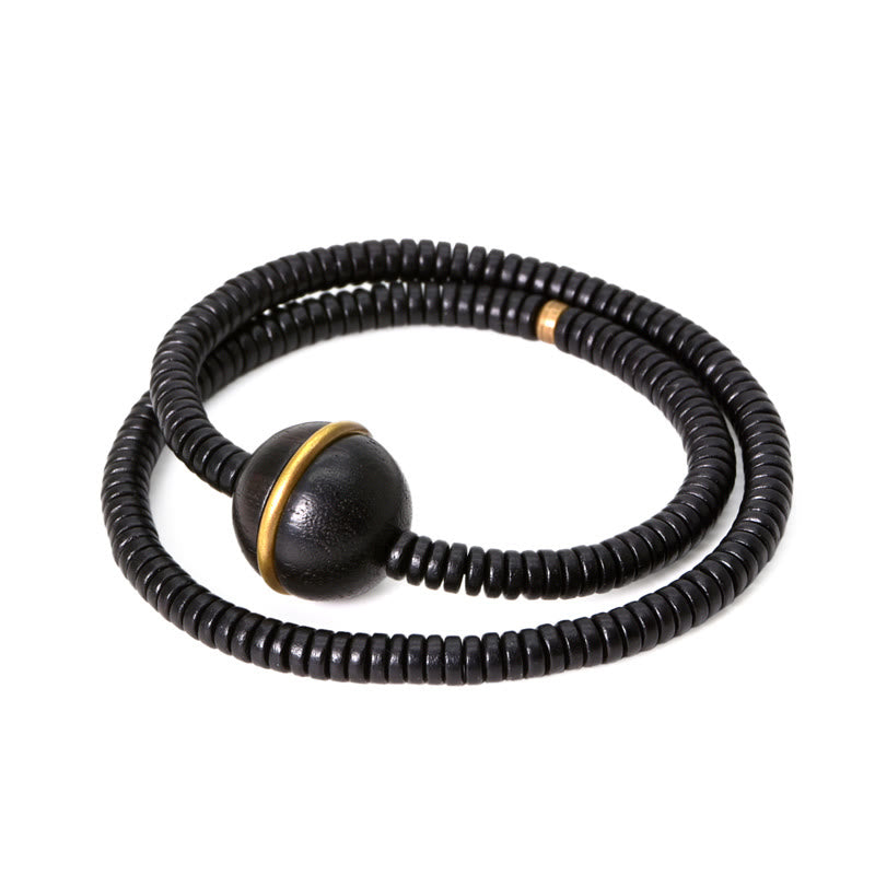 Wear FengShui Ebony Wood Copper Brass Balance Ball Cuboid Double Wrap Bracelet Necklace