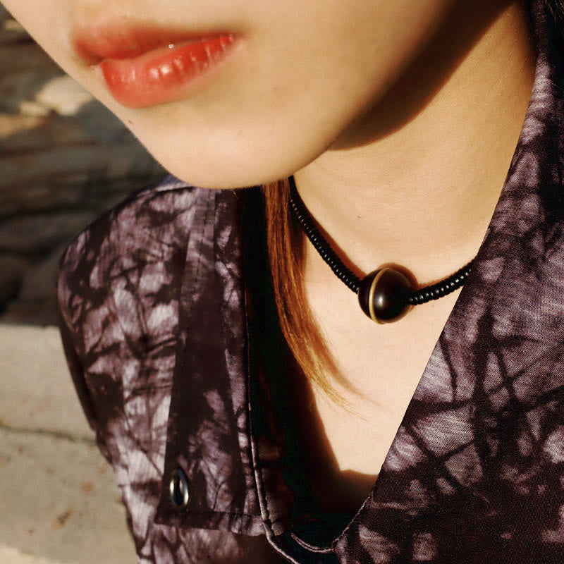Wear FengShui Ebony Wood Copper Brass Balance Ball Cuboid Double Wrap Bracelet Necklace