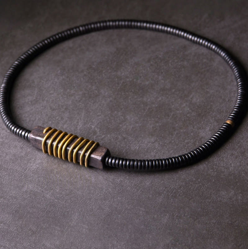 Wear FengShui Ebony Wood Copper Brass Balance Ball Cuboid Double Wrap Bracelet Necklace