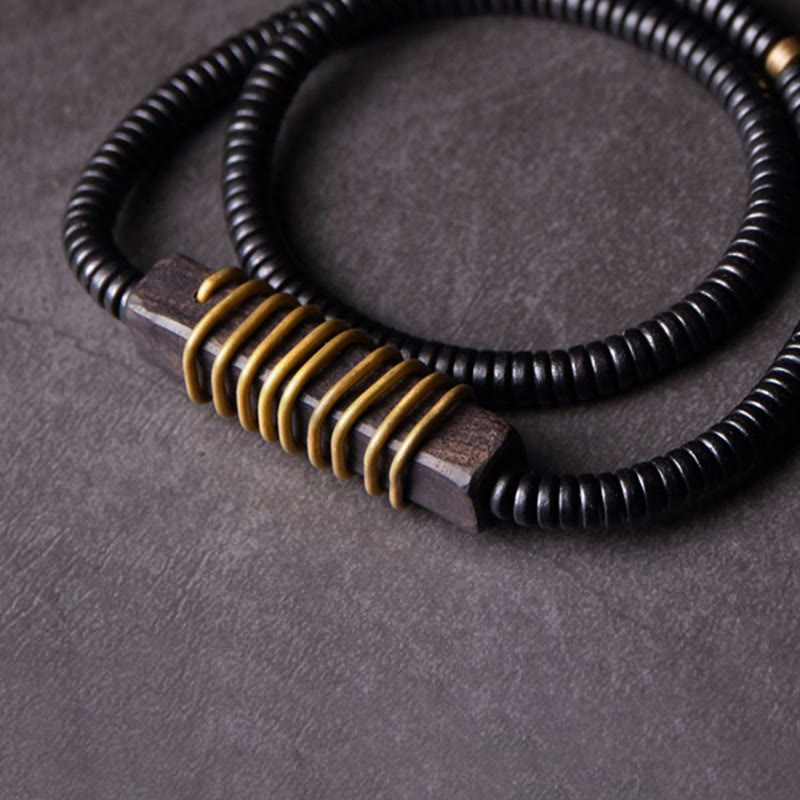 Wear FengShui Ebony Wood Copper Brass Balance Ball Cuboid Double Wrap Bracelet Necklace