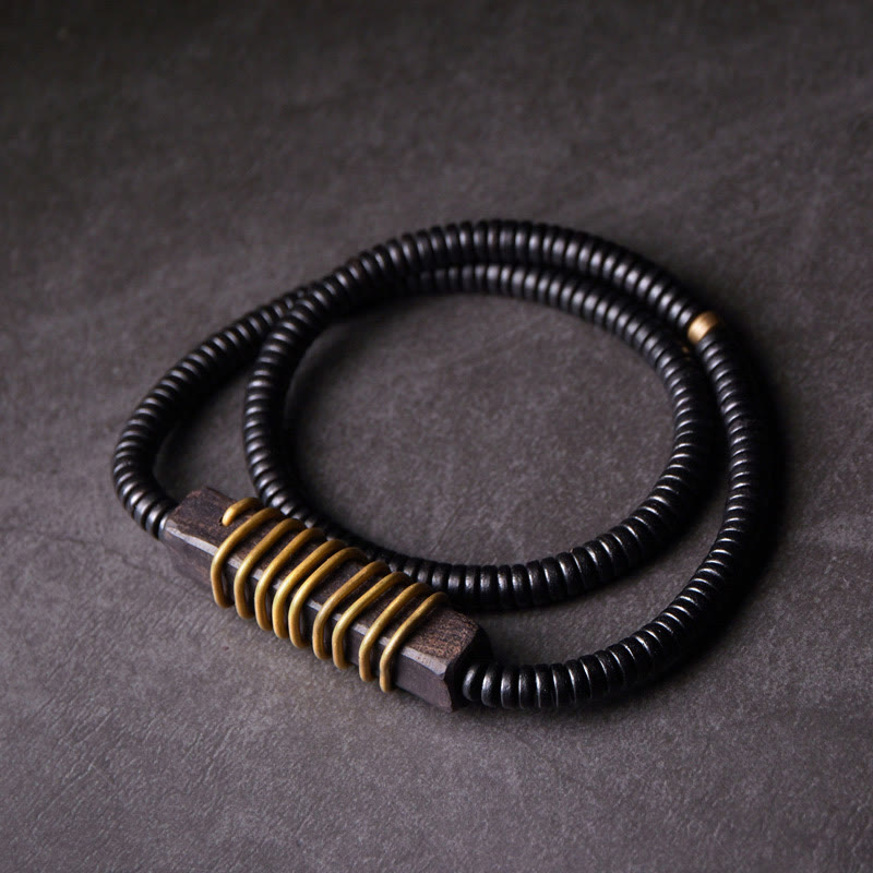 Wear FengShui Ebony Wood Copper Brass Balance Ball Cuboid Double Wrap Bracelet Necklace