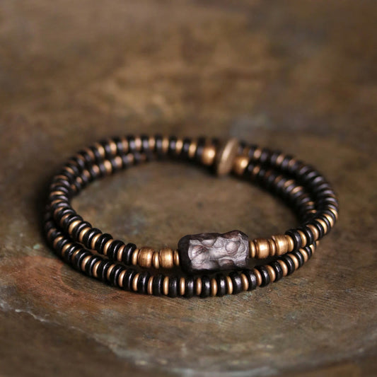 Wear FengShui Ebony Wood Green Sandalwood Copper Brass Calm Double Wrap Bracelet