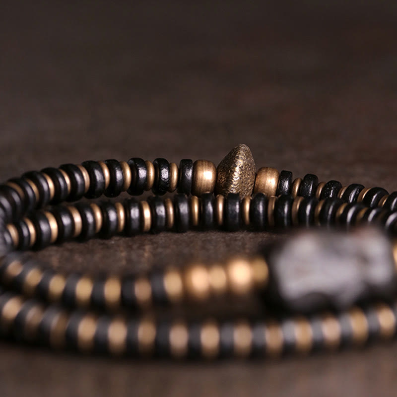 Wear FengShui Ebony Wood Green Sandalwood Copper Brass Calm Double Wrap Bracelet