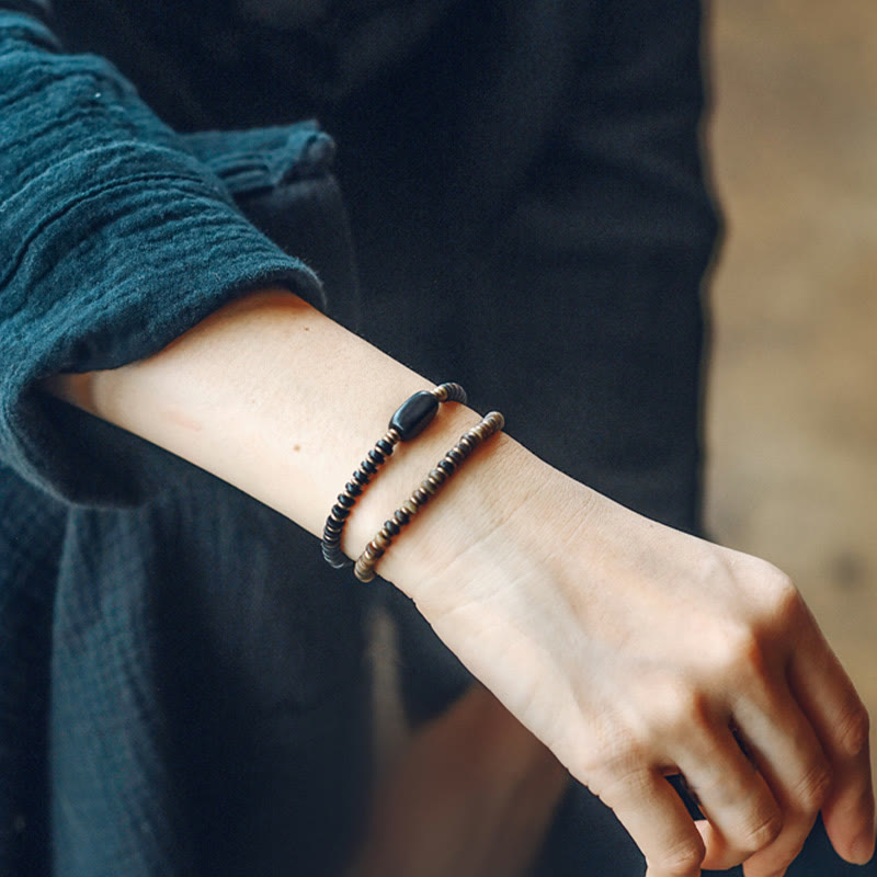 Wear FengShui Ebony Wood Green Sandalwood Copper Brass Calm Double Wrap Bracelet