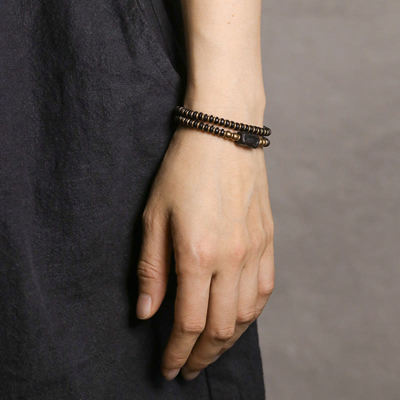 Wear FengShui Ebony Wood Green Sandalwood Copper Brass Calm Double Wrap Bracelet