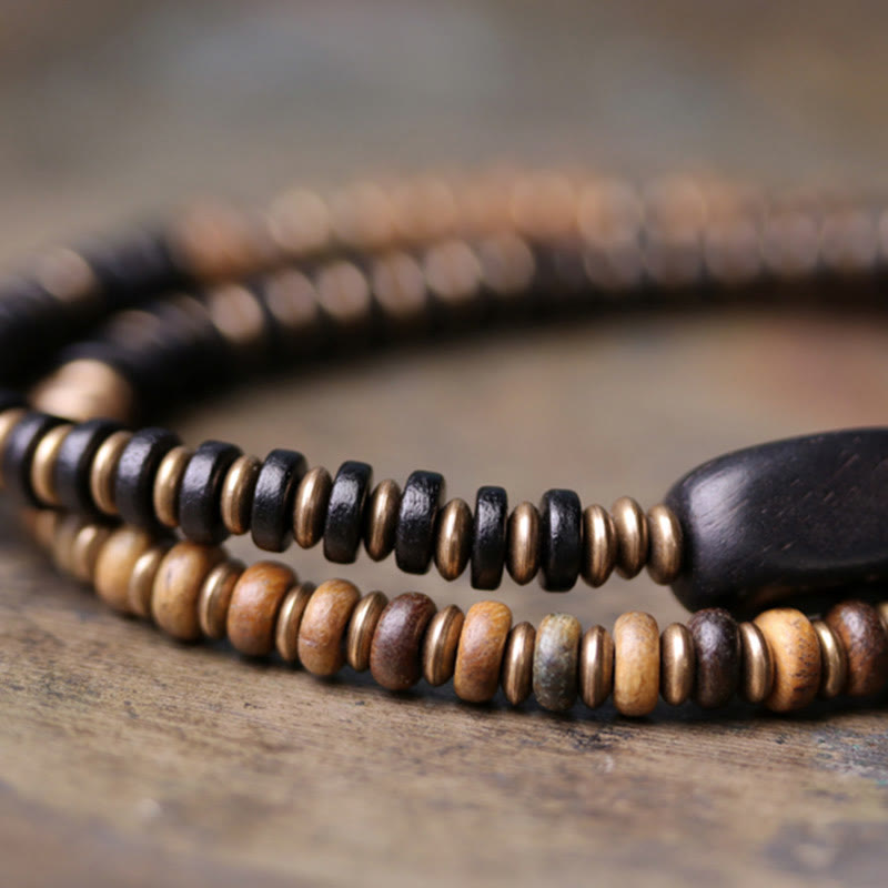 Wear FengShui Ebony Wood Green Sandalwood Copper Brass Calm Double Wrap Bracelet