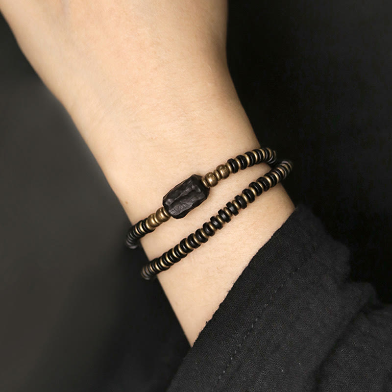 Wear FengShui Ebony Wood Green Sandalwood Copper Brass Calm Double Wrap Bracelet