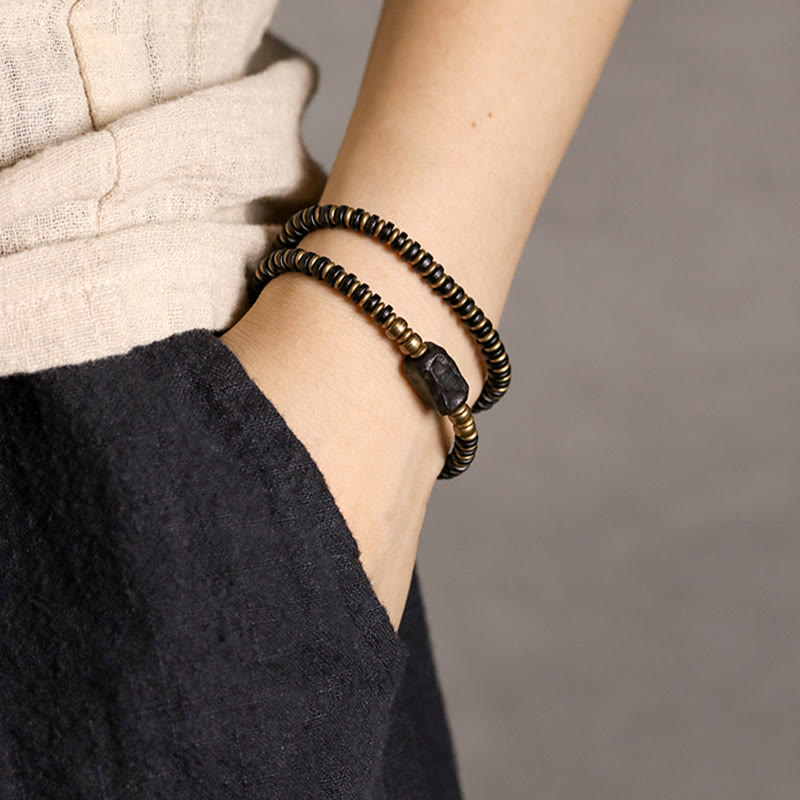 Wear FengShui Ebony Wood Green Sandalwood Copper Brass Calm Double Wrap Bracelet