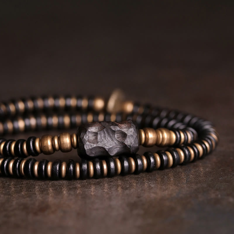 Wear FengShui Ebony Wood Green Sandalwood Copper Brass Calm Double Wrap Bracelet